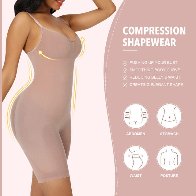 Size M Brown Seamless Full Body Shaper for Women - Tummy Control, Butt Lifter & Thigh Slimmer Bodysuit