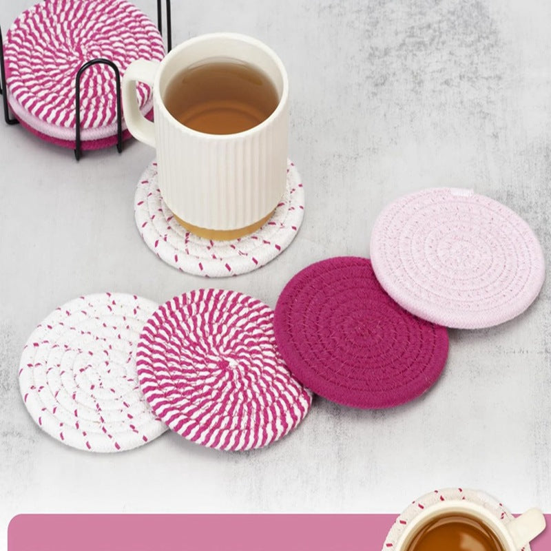 Beige and Pink Absorbent Woven Cotton Coasters - Set of 8 with Metal Holder - Heat Resistant Drink Mats for Table Protection