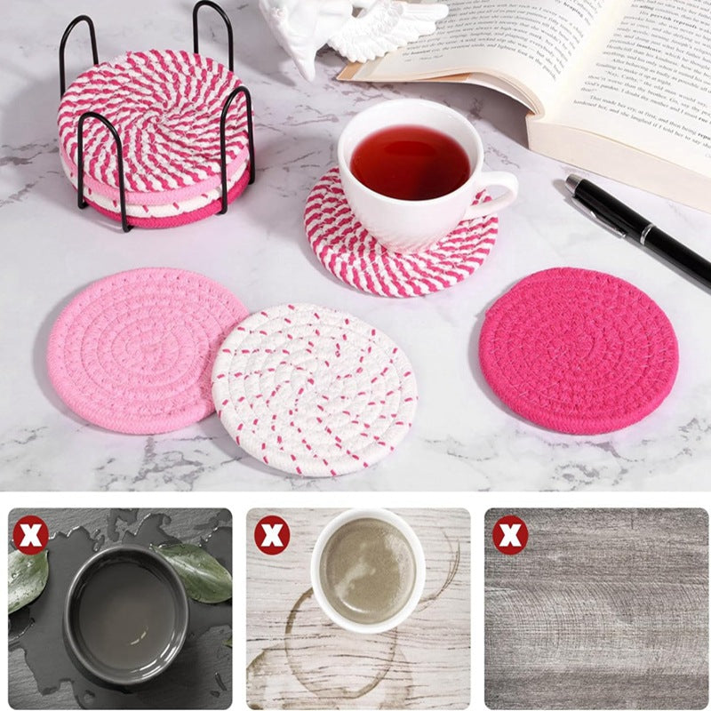 Beige and Pink Absorbent Woven Cotton Coasters - Set of 8 with Metal Holder - Heat Resistant Drink Mats for Table Protection
