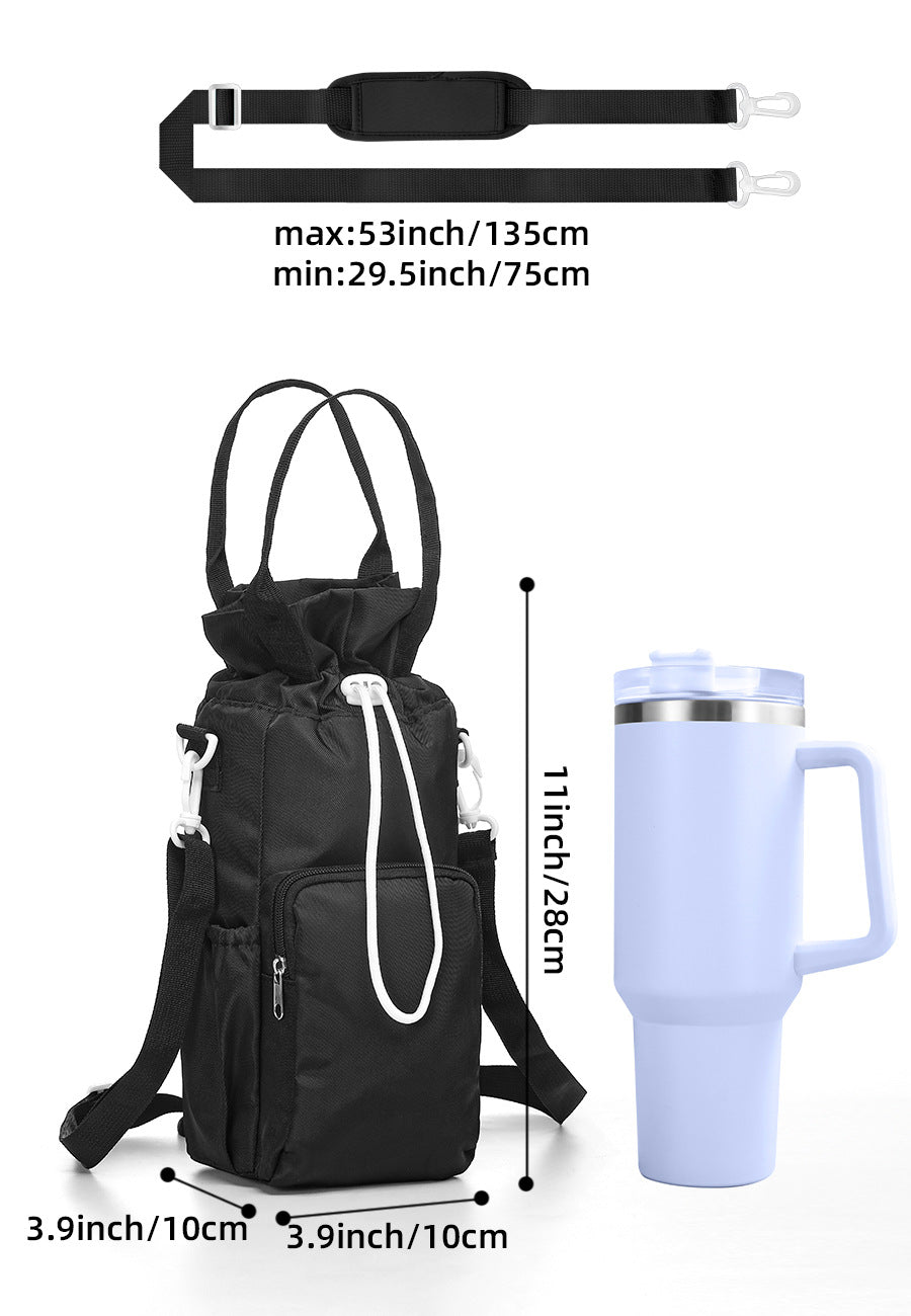 Black Insulated Tumbler Carrier Bag - Crossbody Water Bottle Holder with Pockets & Adjustable Strap for Large Cups (Note: cup not included)