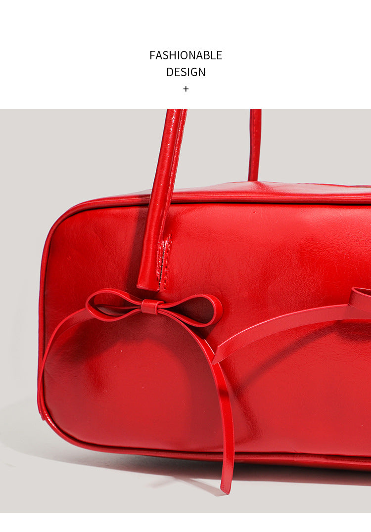 Black Chic PU Leather Baguette Shoulder Bag - Elegant Bow Accent Underarm Handbag for Women
