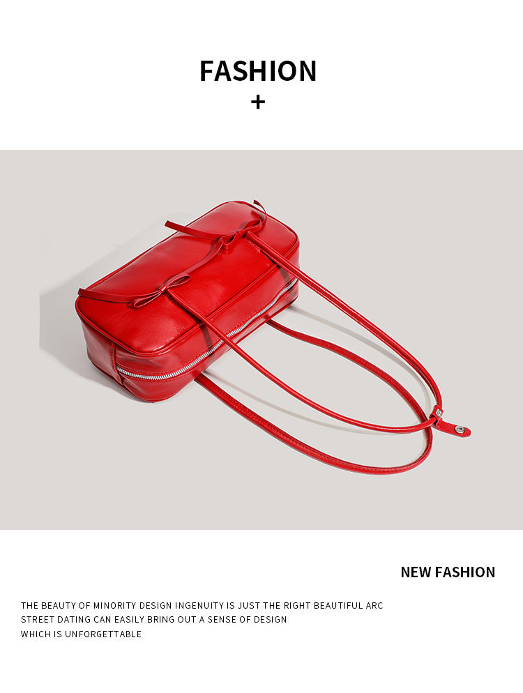 Coffee Chic PU Leather Baguette Shoulder Bag - Elegant Bow Accent Underarm Handbag for Women