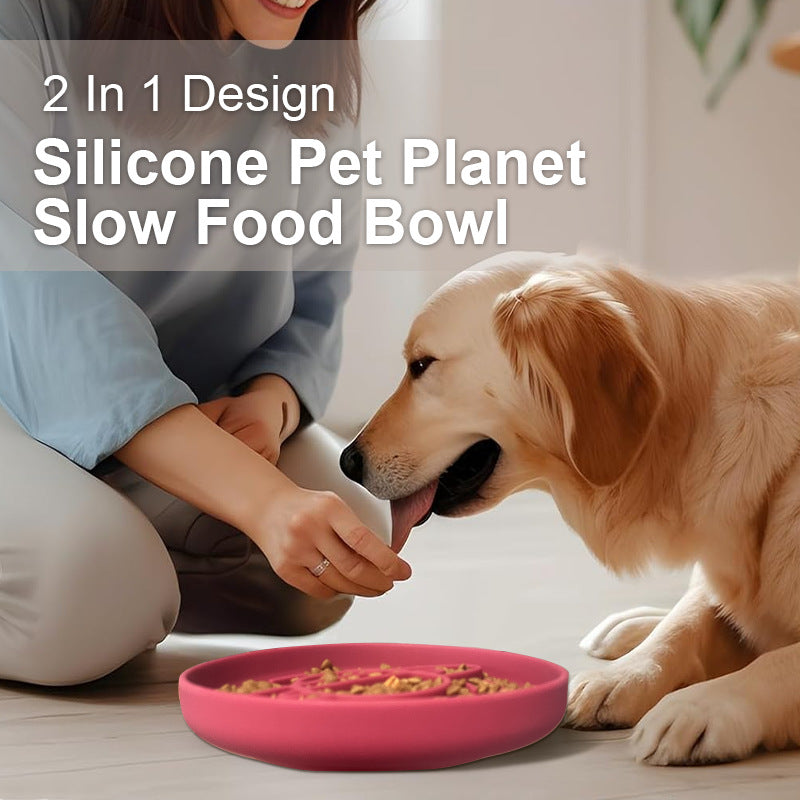 Red Silicone Planet Slow Feeder Dog Bowl - 2-in-1 Anti-Choke Lick Mat for Healthy Eating & Fun