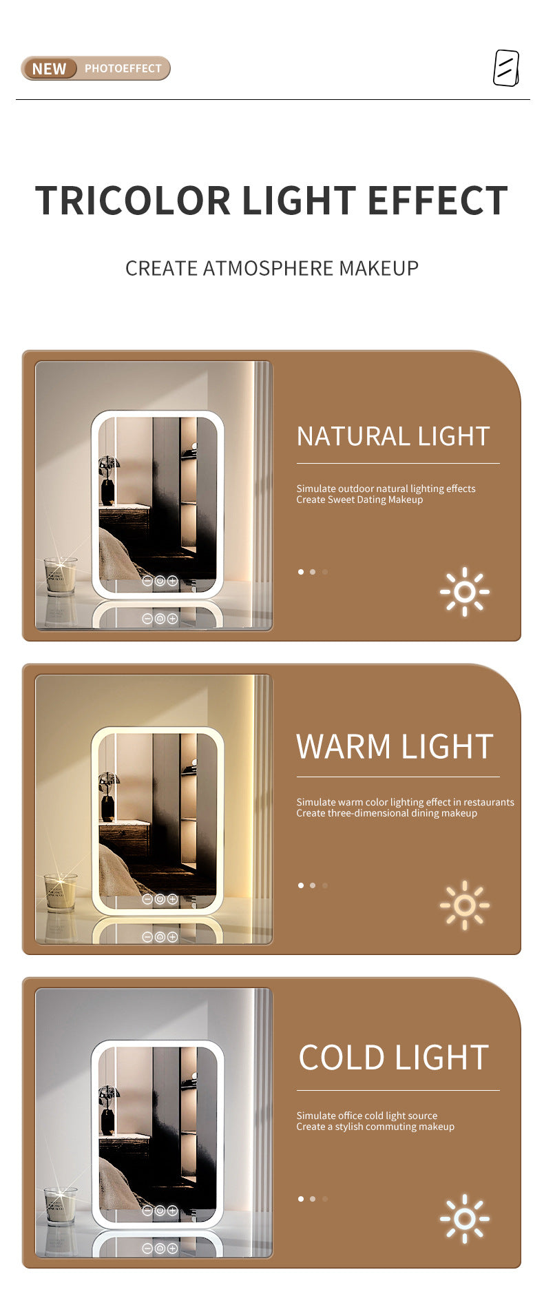 White Professional LED Vanity Mirror - 3 Color Lights, Stepless Dimming & Adjustable Rotating Stand, USB-C Rechargeable