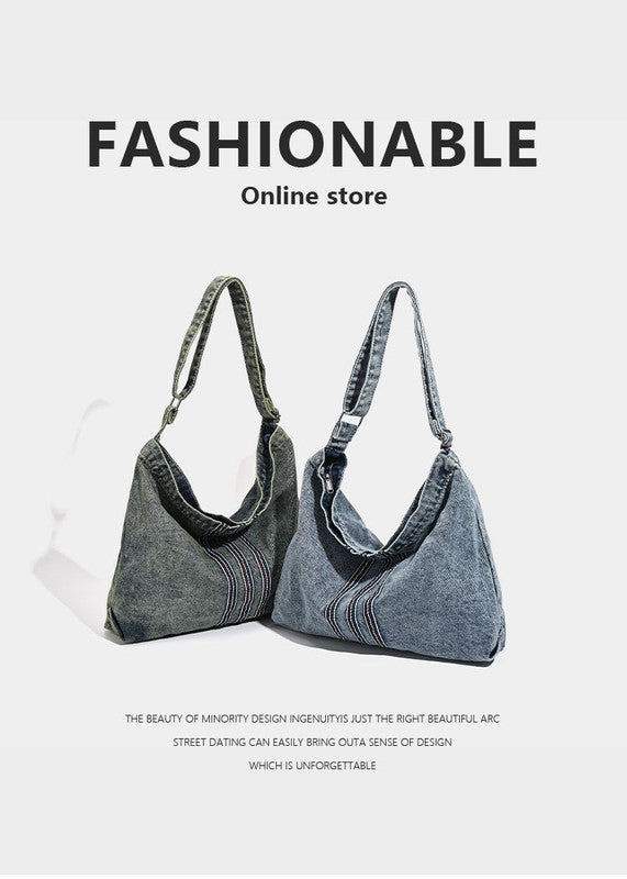 Grey Retro Washed Denim Hobo Bag - Large Capacity Shoulder & Crossbody Tote for Casual Everyday & Commute