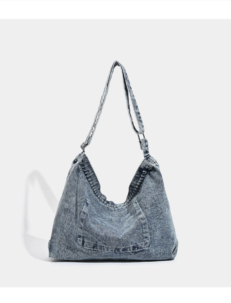 Grey Retro Washed Denim Hobo Bag - Large Capacity Shoulder & Crossbody Tote for Casual Everyday & Commute