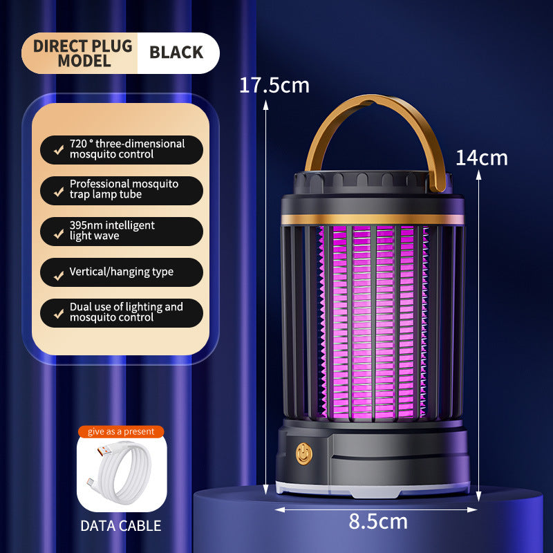 Black Portable 3-in-1 Electric Mosquito Zapper Lamp - UV Bug Killer, Warm Night Light & Bright Lantern, USB Plug-in use