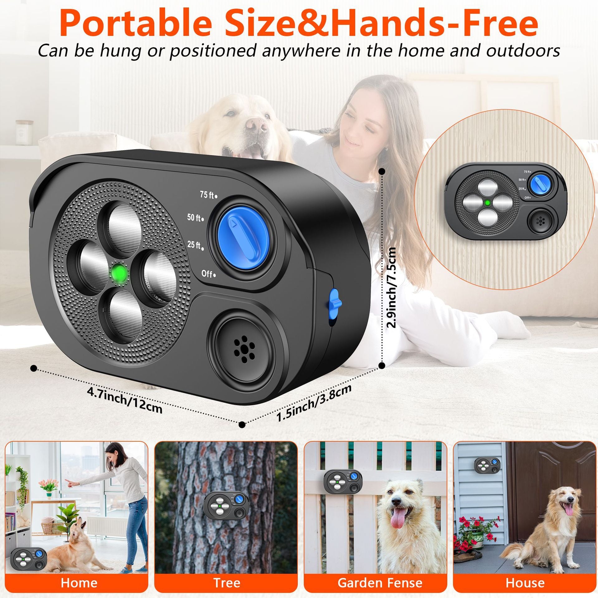 Black Advanced Ultrasonic Dog Bark Control - Dual Emitters, Variable Frequency, IP65 Waterproof, 75ft Range, Rechargeable