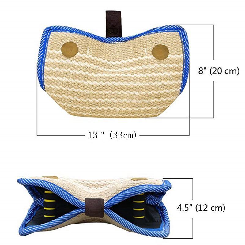 Blue and Khaki Heavy Duty Jute Dog Bite Pillow - Professional Training Tug Toy with 3 Handles for Schutzhund, K9, Agility & Bite Work