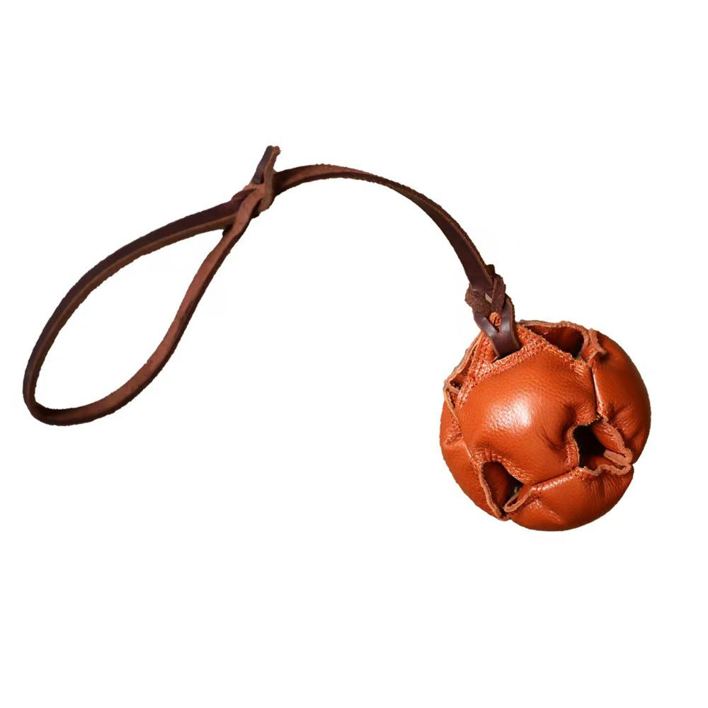 Brown Durable Leather Dog Training Ball with Loop Handle - Interactive Bite & Tug Toy for Playful Pups