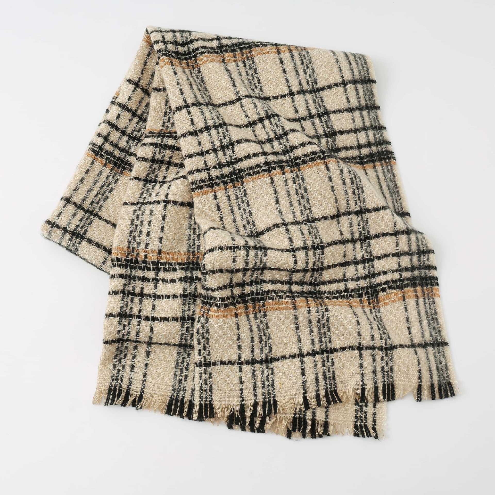 Black Chic Plaid Winter Scarf - Large Soft Polyester Shawl Wrap with Tassels, Korean Inspired Fashion