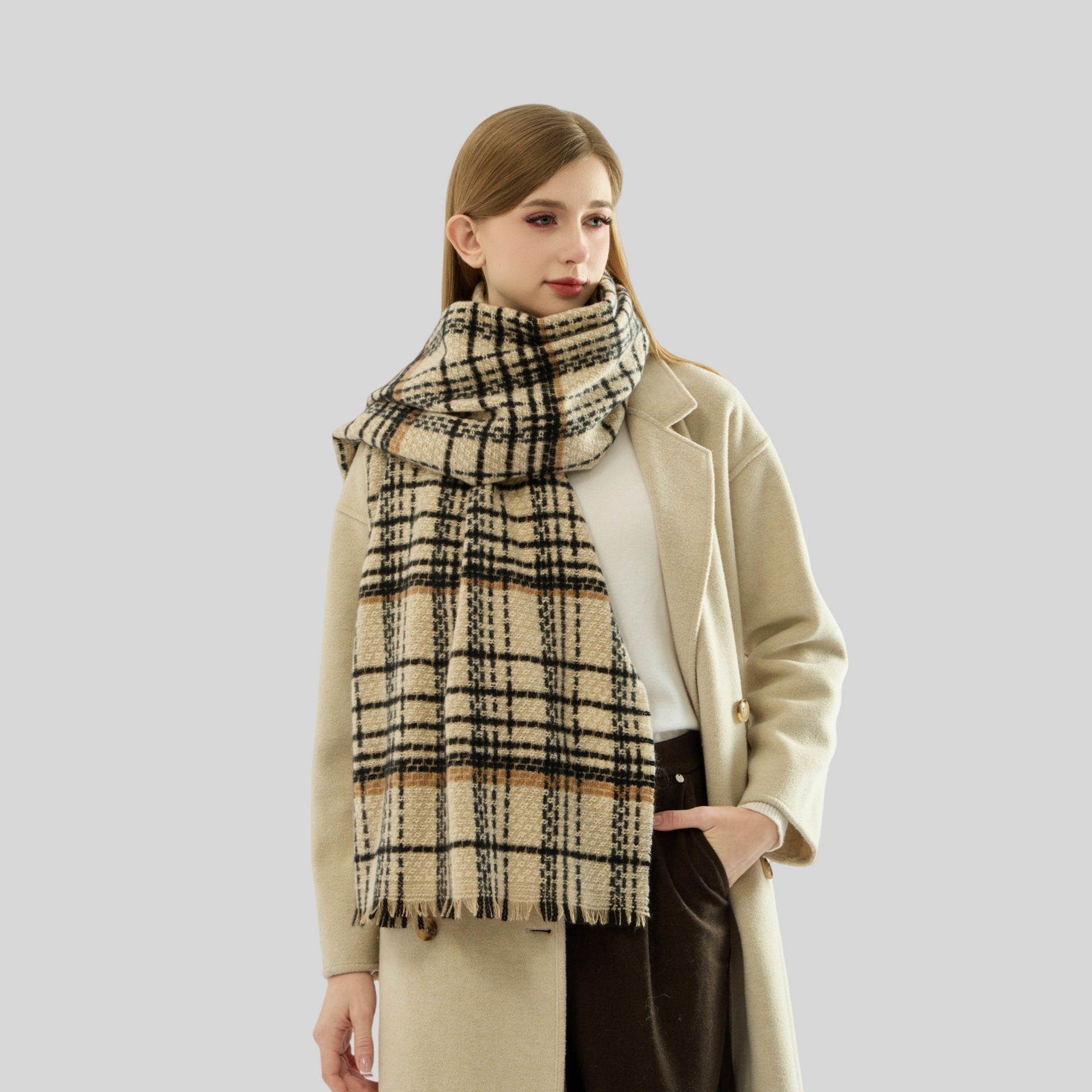 Beige Chic Plaid Winter Scarf - Large Soft Polyester Shawl Wrap with Tassels, Korean Inspired Fashion