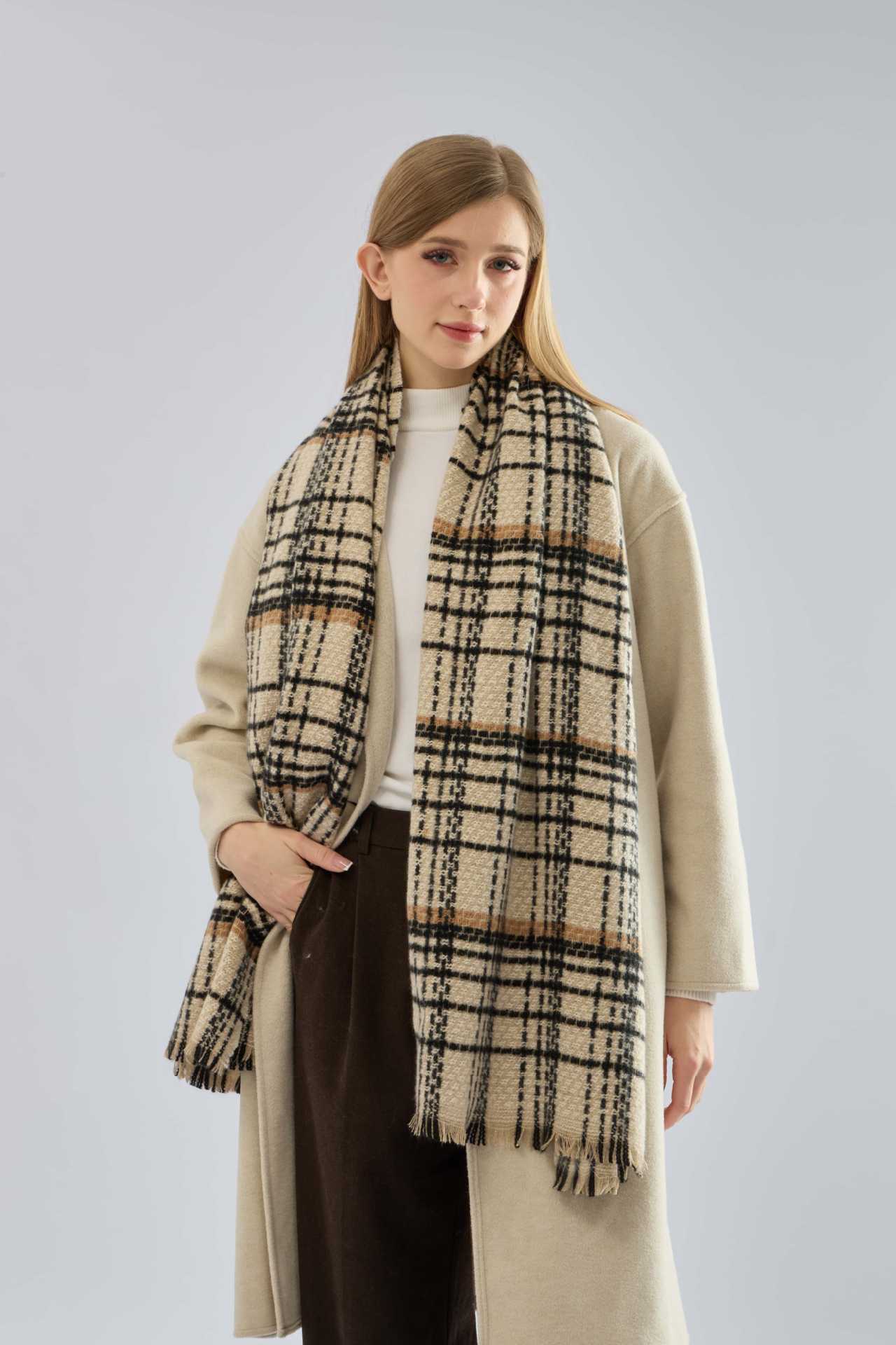 Beige Chic Plaid Winter Scarf - Large Soft Polyester Shawl Wrap with Tassels, Korean Inspired Fashion
