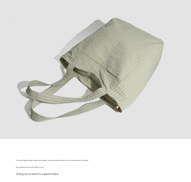 Black Stylish Lightweight Seersucker Gingham Tote Bag - Spacious Multi-Pocket Shoulder Bag with Zipper