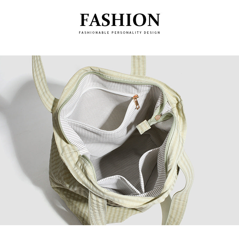 Brown Stylish Lightweight Seersucker Gingham Tote Bag - Spacious Multi-Pocket Shoulder Bag with Zipper