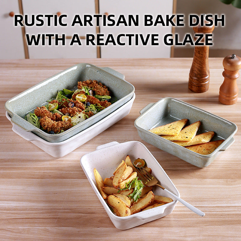 Green Elegant Speckled Ceramic Rectangular Baking Dish - 800ML Oven & Microwave Safe Casserole Pan with Handles
