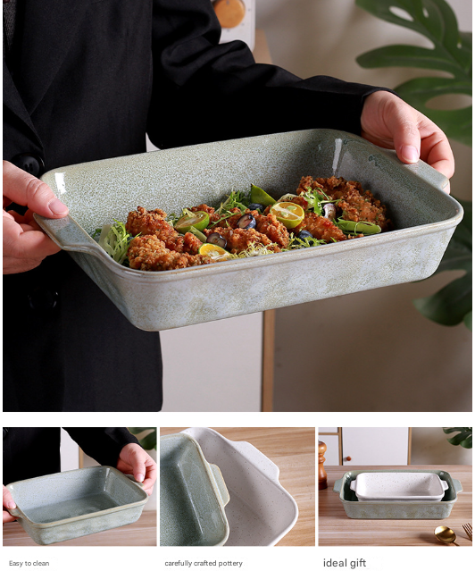 Green Elegant Speckled Ceramic Rectangular Baking Dish - 800ML Oven & Microwave Safe Casserole Pan with Handles