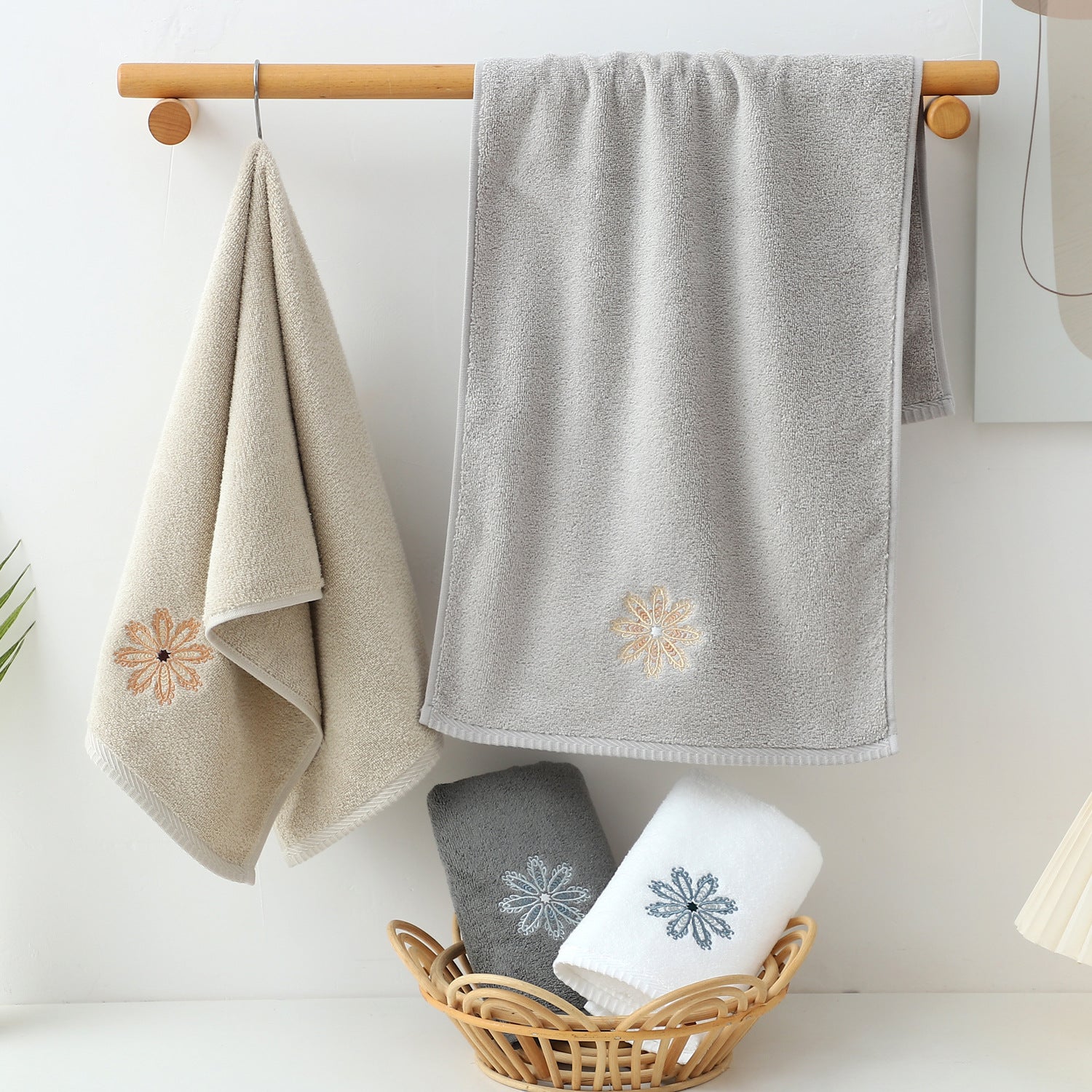 Dark Grey 4-Pack Elegant Blue Floral Embroidered Cotton Hand Towels - Ultra Soft & Absorbent