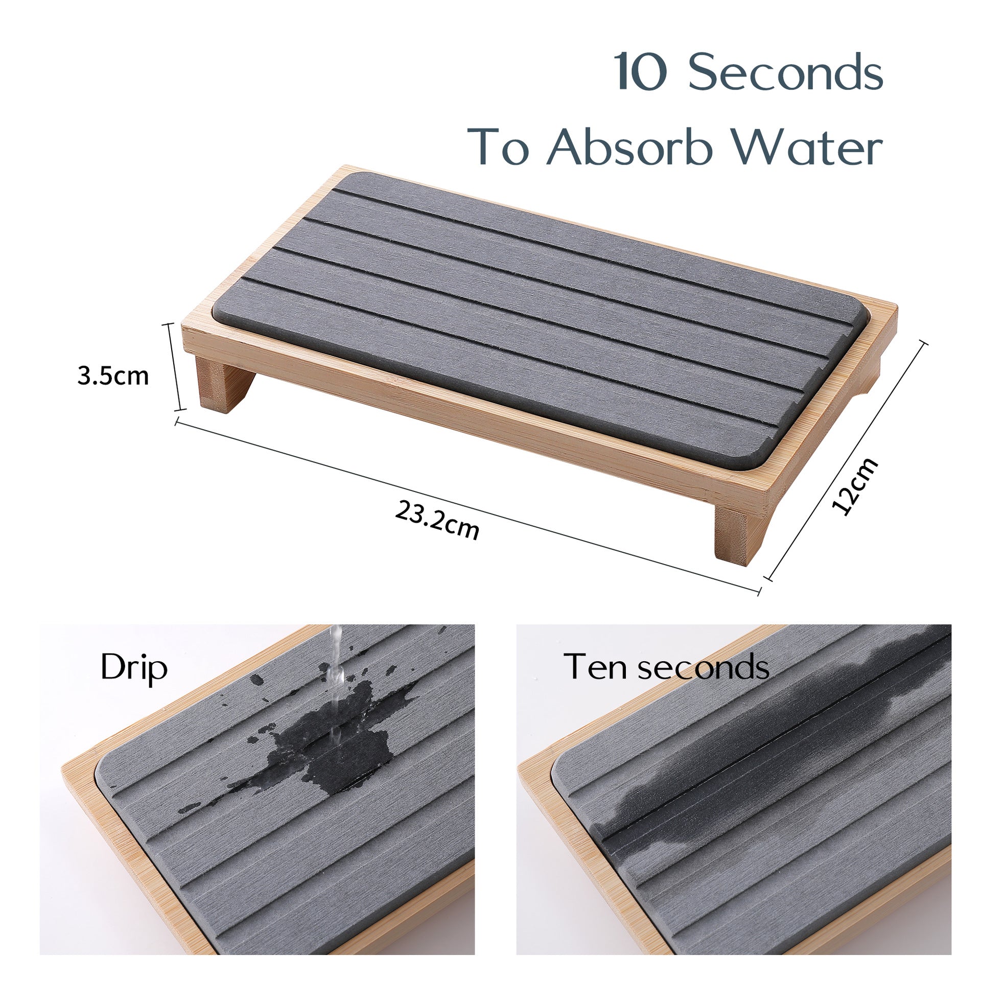 Light Grey Natural Diatomaceous Earth Absorbent Drying Tray with Bamboo Base - Quick-Dry Stone Mat for Kitchen & Bathroom Sink