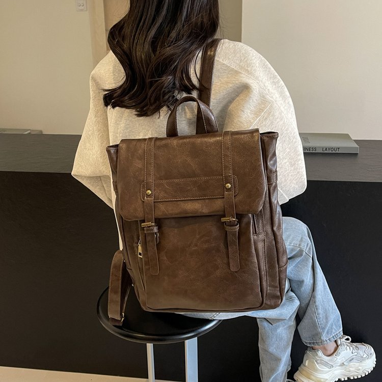 Black Vintage Style PU Leather Backpack - Large Capacity Women's Rucksack for University, Commute & Travel