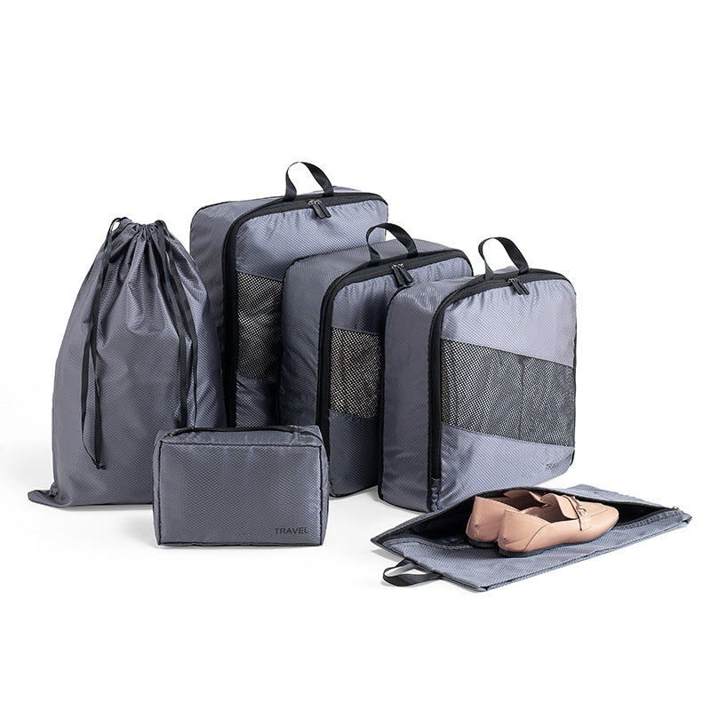 Grey and Black Premium 6-Piece Compression Packing Cubes Set - Lightweight Polyester Travel Organizers for Luggage, Includes Shoe Bag & Toiletry Pouch