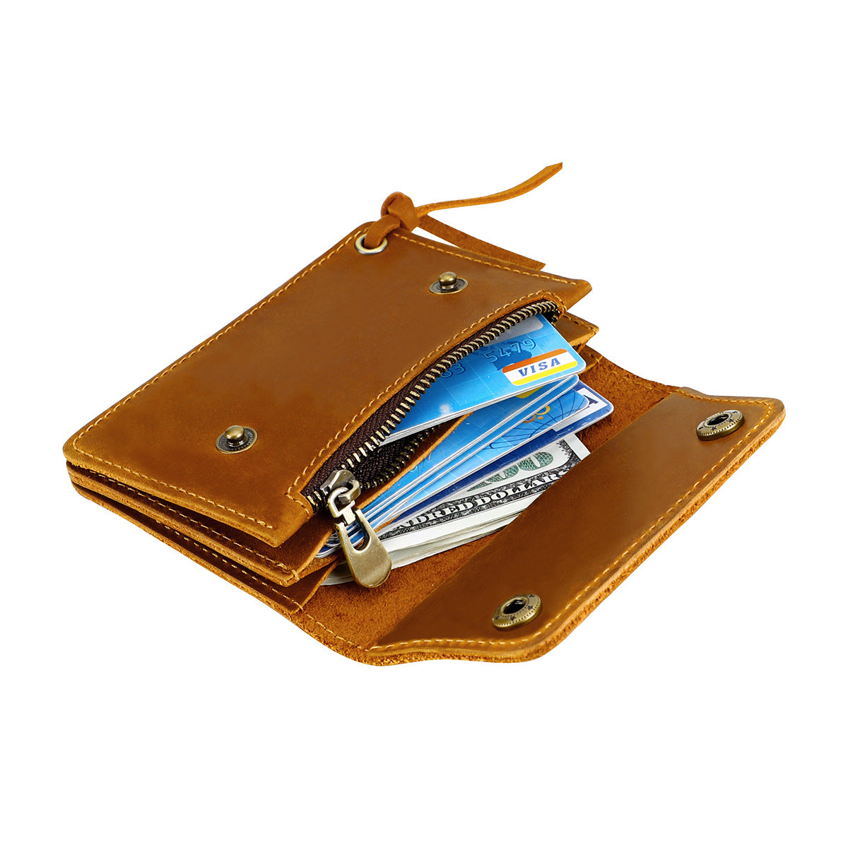 Blue Vintage Handmade Crazy Horse Leather Wallet - Compact Card Holder & Zippered Coin Purse with Snap Closure