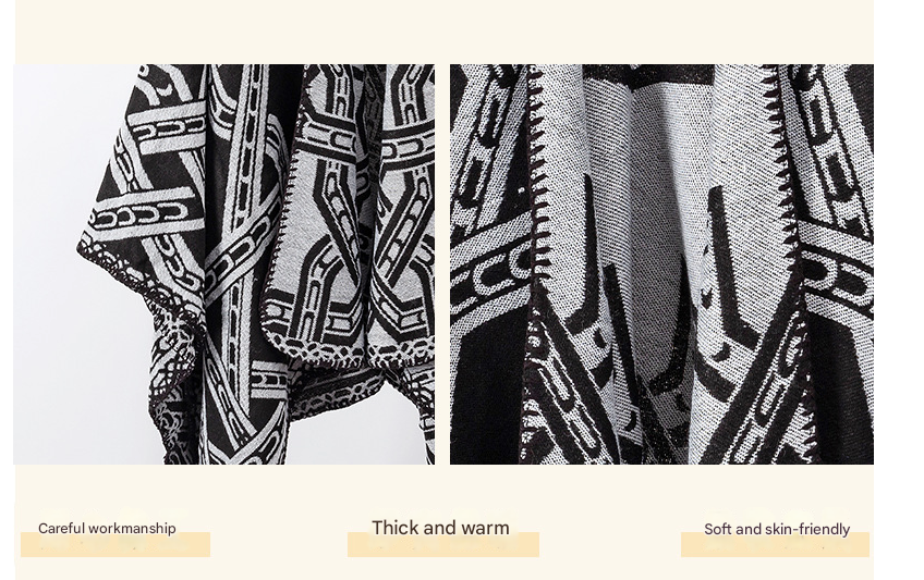 Black-white Bohemian Ethnic Print Blanket Poncho - Warm Windproof Oversized Shawl Wrap (130x150cm)