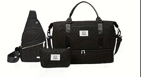 Black Stylish 3-Piece Quilted Travel Bag Set - Weekender Duffel with Shoe Compartment, Sling Bag & Cosmetic Pouch