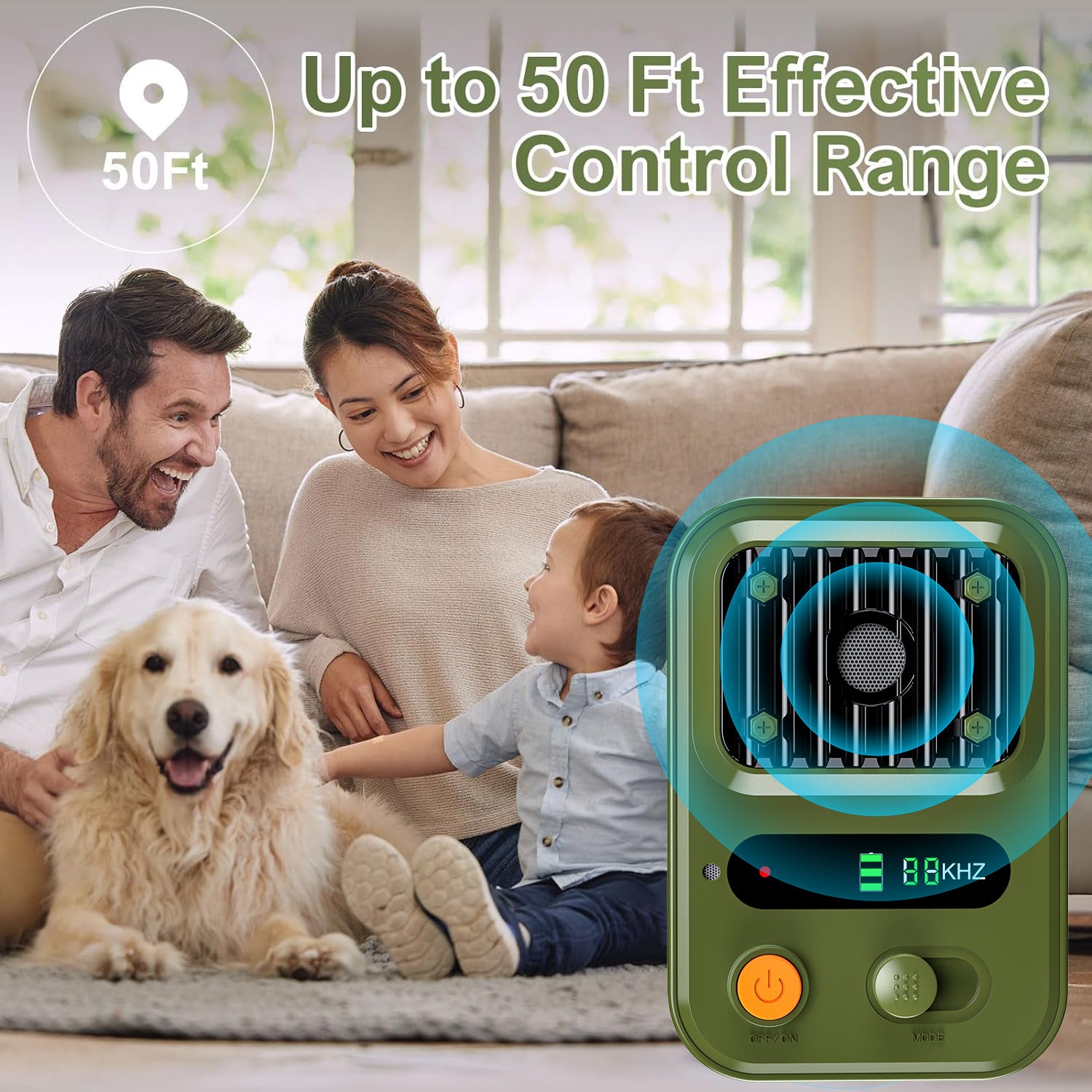 Green USB Rechargeable Color Screen Ultrasonic Dog Repeller - High-Power Anti-Bark Device, 9.2x5.6x13cm, 180g