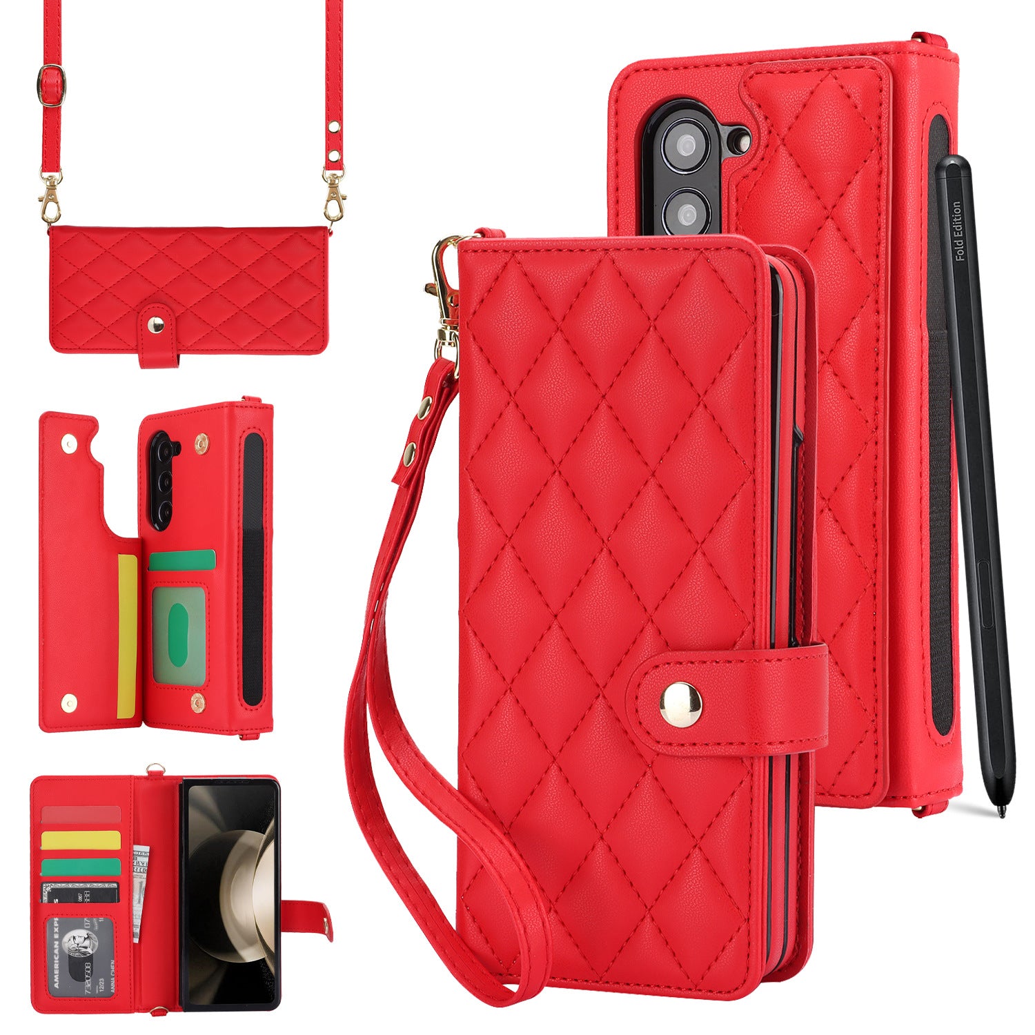 Galaxy Z Fold6 Multi-Functional Leather Wallet Case for Samsung Z Fold Series - Crossbody with Pen Slot, Quilted Design