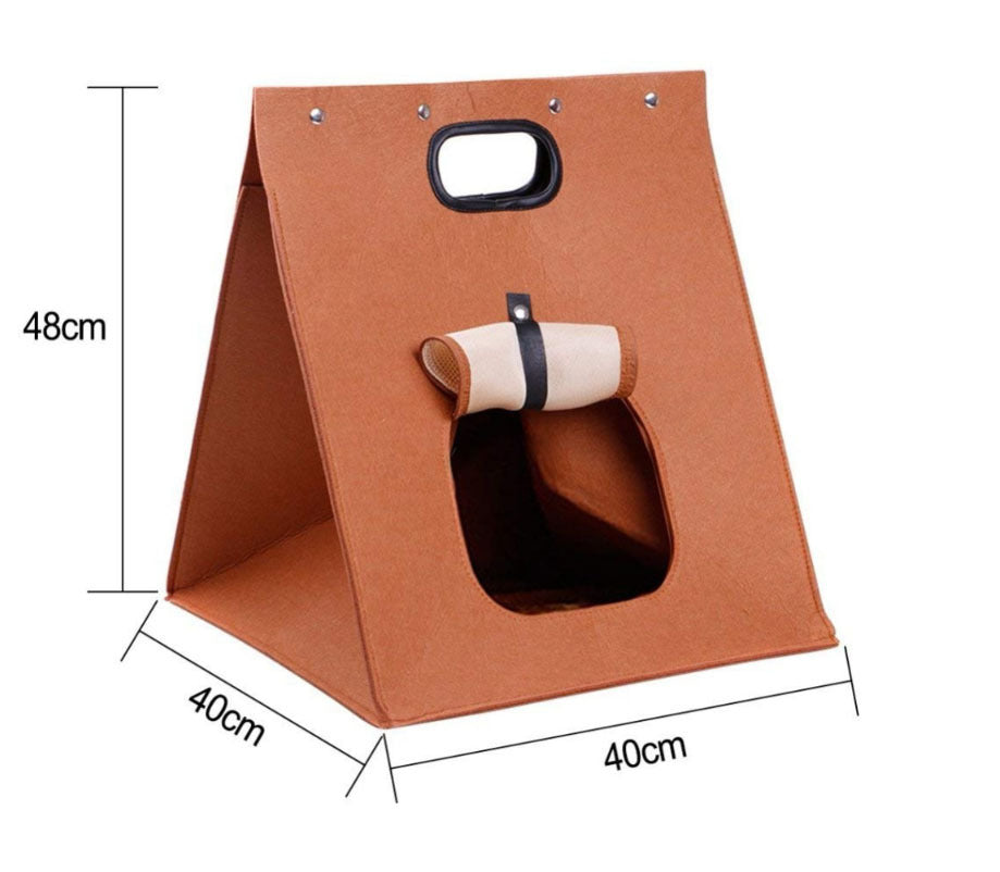 Khaki Cozy A-Frame Felt Pet Teepee - Foldable & Portable Cat Cave Bed with Easy Carry Handle