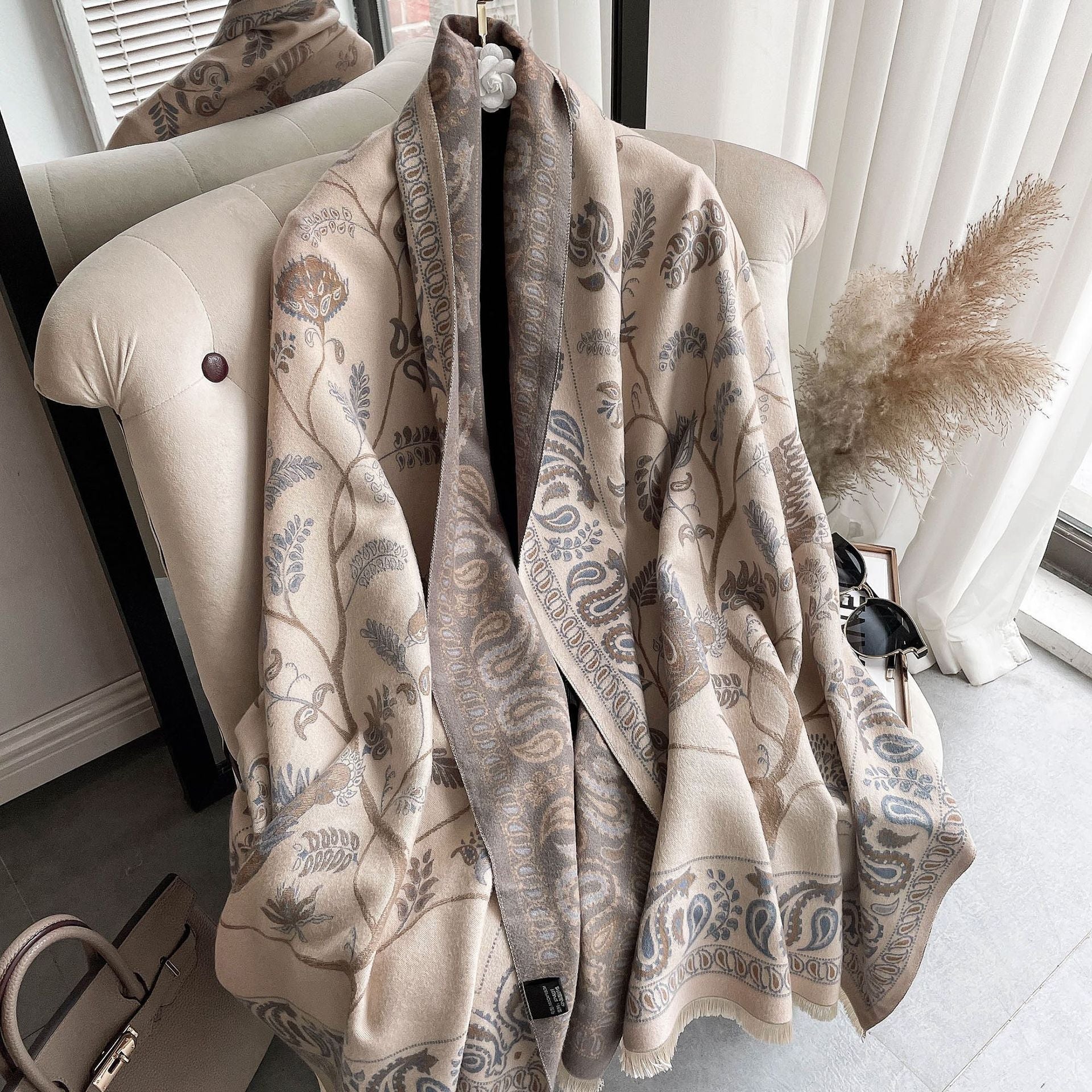 Faux Cashmere Sun Protection Shawl - Summer AC Room Dual-Use Decorative Scarf
