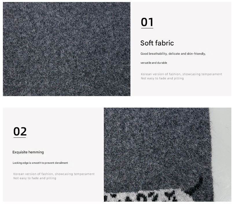 Grey Cute Korean-Style Wool Scarf with Dog Design - Unisex Knitted Winter Neck Wrap