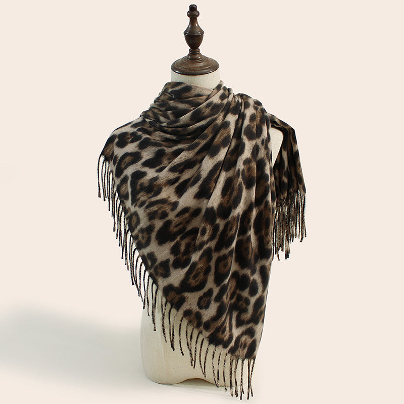 2-Piece Light Brown Leopard Elegant Faux Cashmere Shawl - Warm and Versatile 200 cm Long European-Style Scarf
