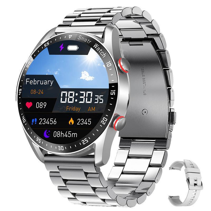 Silver Silicone +22MM Silver Mitsubishi Steel Strip Business Smartwatch with ECG and PPG Monitoring and Stainless Steel Strap