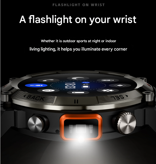 Black Outdoor Smartwatch with 1.45-Inch HD Round Screen and Flashlight