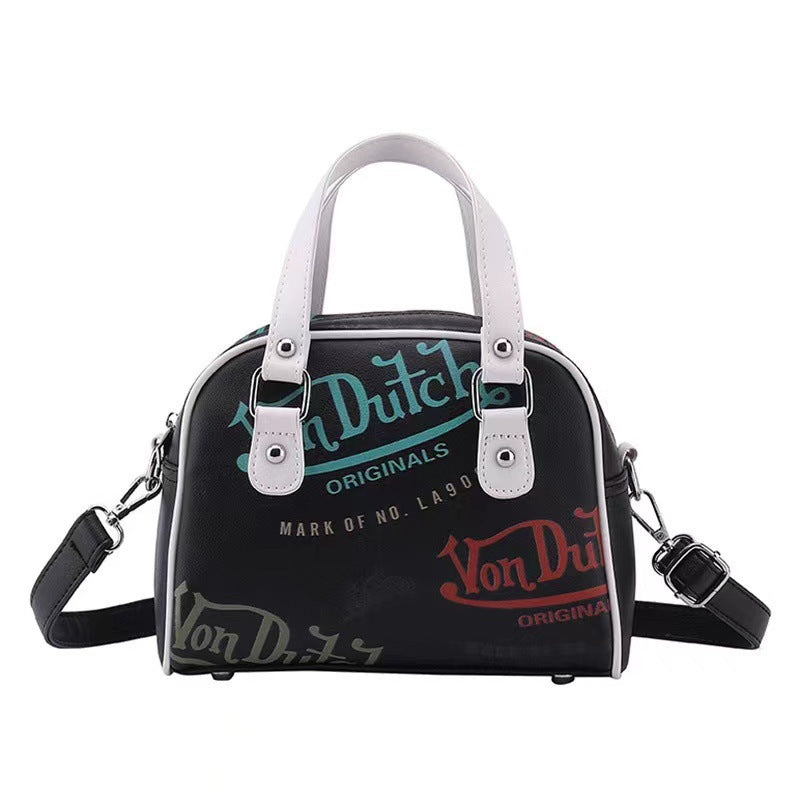 Retro Print PU Leather Dome Satchel Bag - Versatile Crossbody & Handbag(Black)