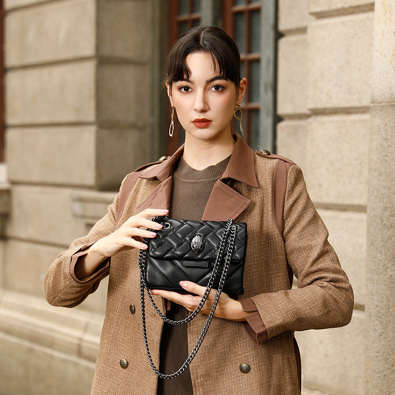 Elegant Quilted Leather Chain Bag with Bird Head Clasp(Black)