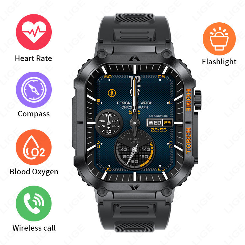 Smartwatch with Flashlight, Compass & Wireless Calling - Health & Fitness Tracker(Black silicone with black case)