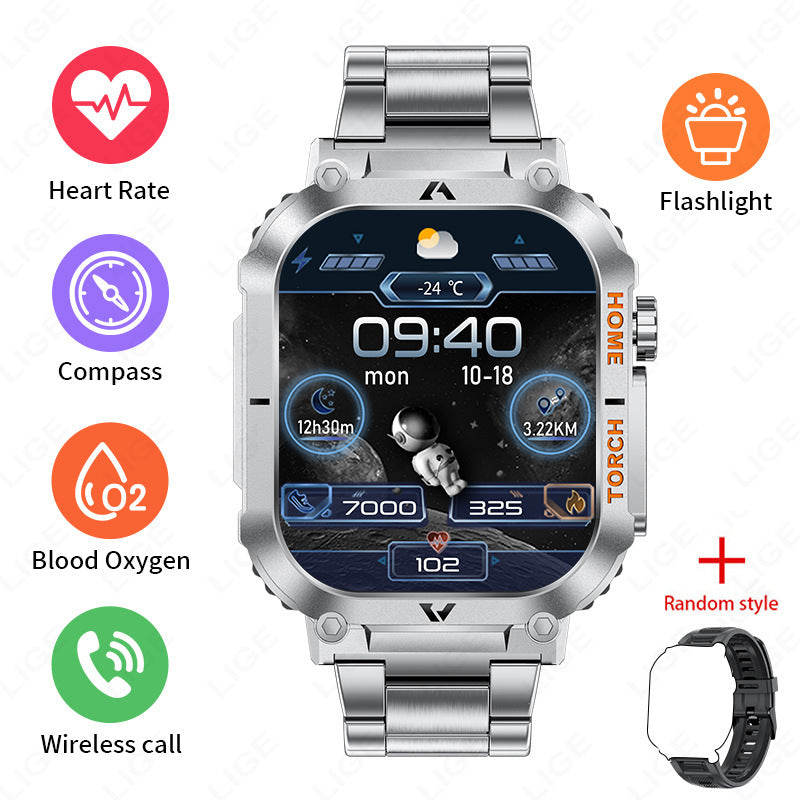 Smartwatch with Flashlight, Compass & Wireless Calling - Health & Fitness Tracker(Silver case with silver steel + black silicone)