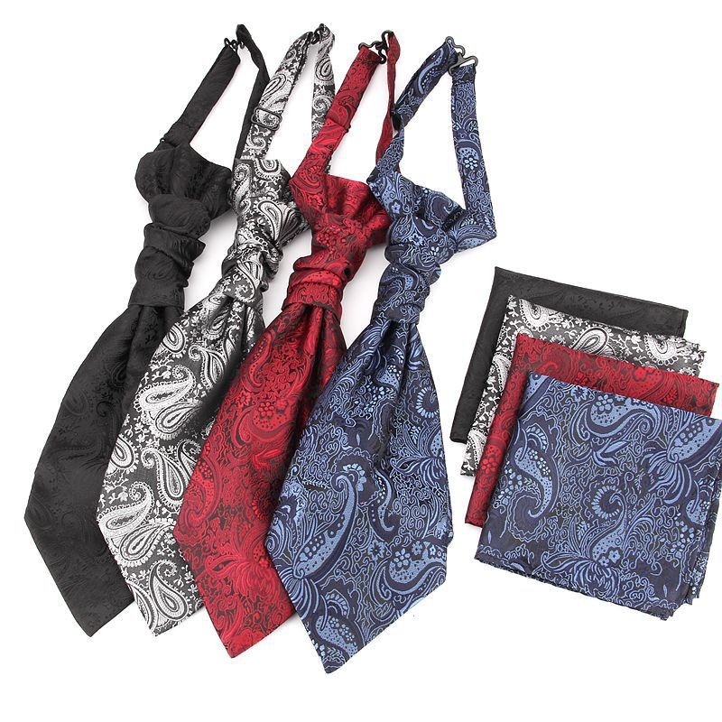 Men's Formal Paisley Ascot Cravat & Pocket Square Set - Adjustable Necktie for Weddings(Black)