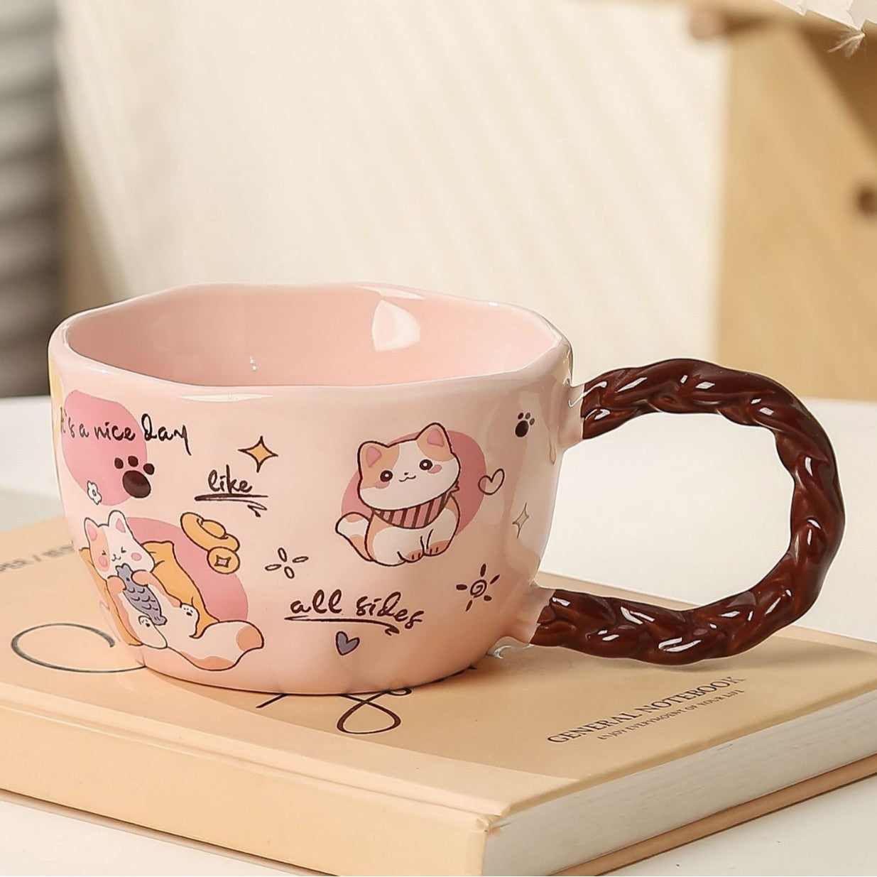 Whimsical Cat & Friends Ceramic Mug - 320ml with Unique Twisted Handle (pink)