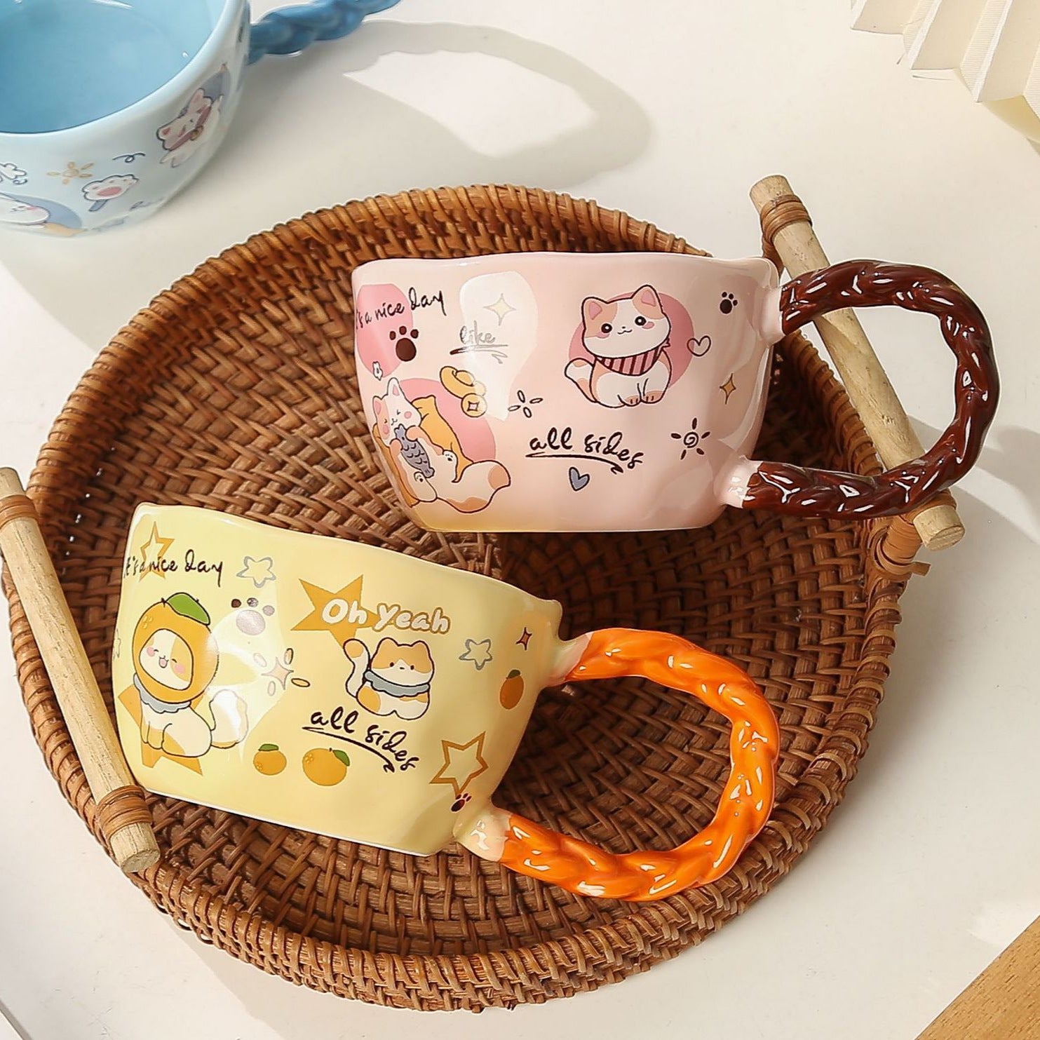 Whimsical Cat & Friends Ceramic Mug - 320ml with Unique Twisted Handle (pink)