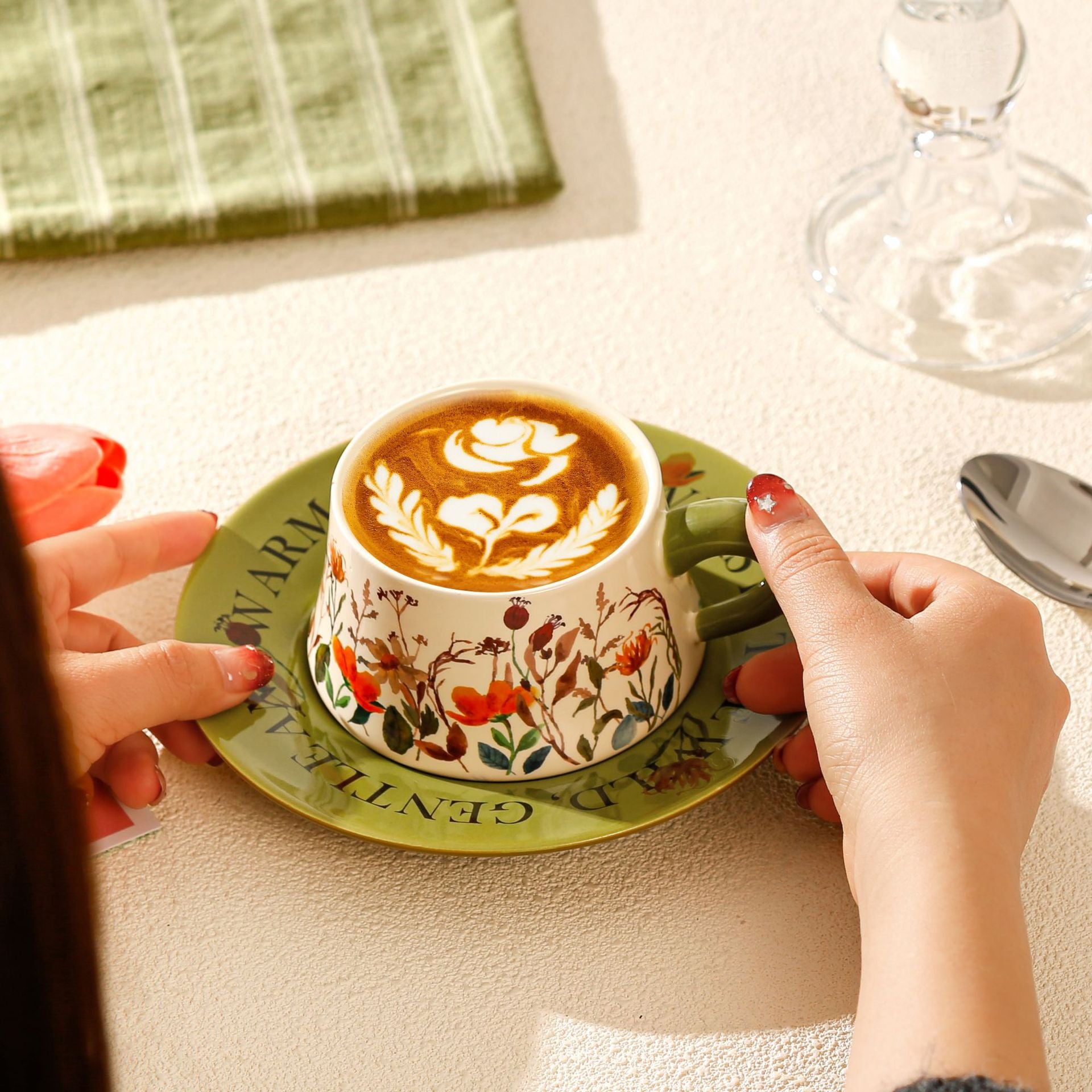 Vintage Floral Ceramic Coffee Cup & Saucer Set(White disc-green floral)