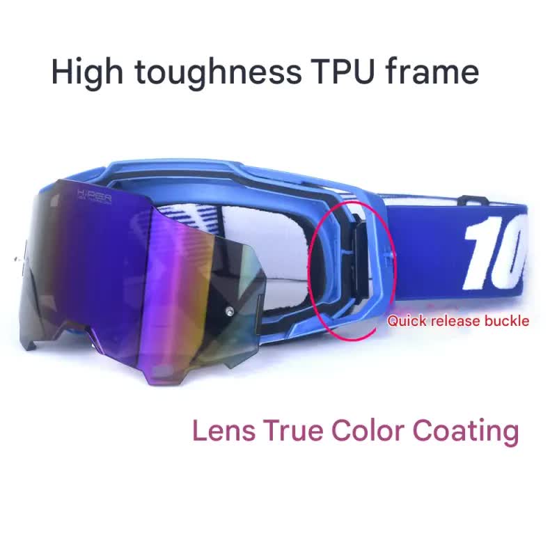 Professional Motocross & Ski Goggles - HiPER Lens, TPU Frame(Black frame with white belt and blue lens)