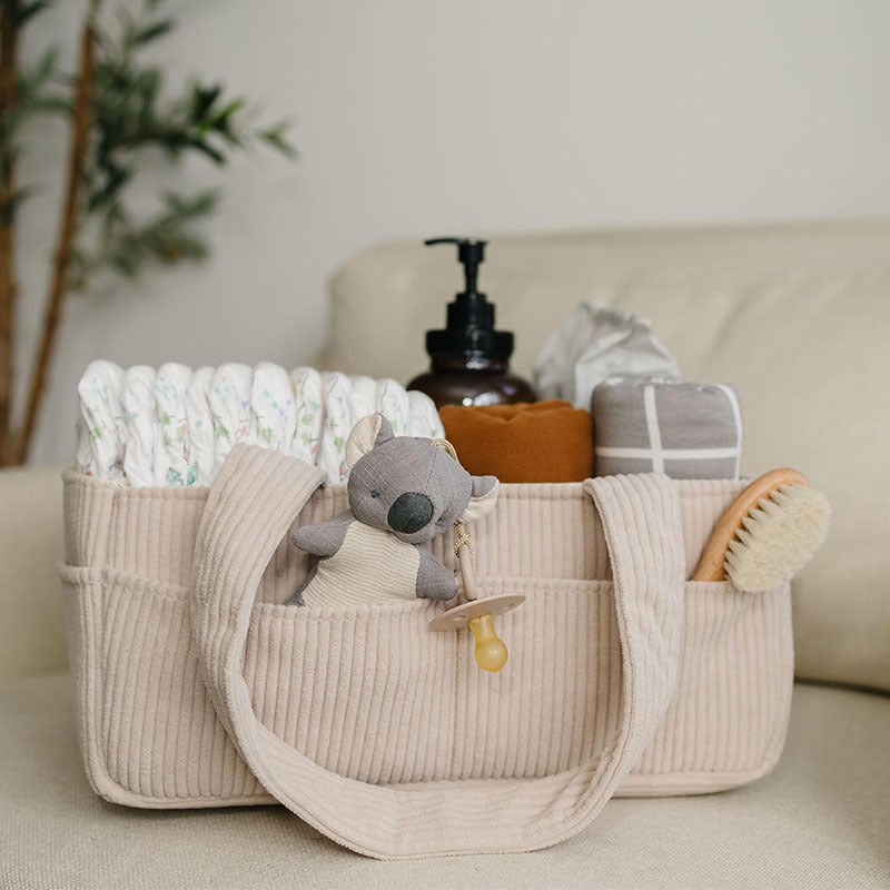 Premium Corduroy Diaper Caddy Organizer - Portable Nursery Storage Bin with Modular Inserts & Long Handles(Brown)