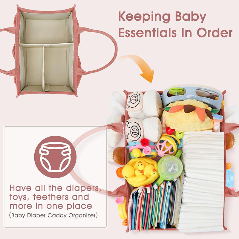 Tailored Baby Diaper Caddy Organizer - Portable Nursery Storage Bin with Removable Dividers & Pockets(Pink)