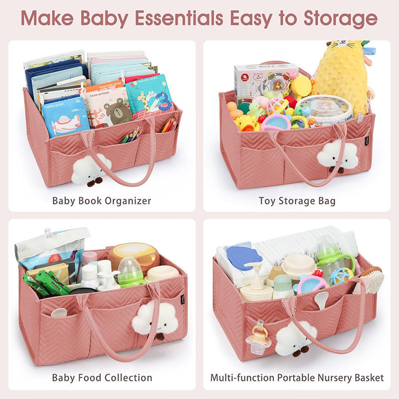 Tailored Baby Diaper Caddy Organizer - Portable Nursery Storage Bin with Removable Dividers & Pockets(Pink)