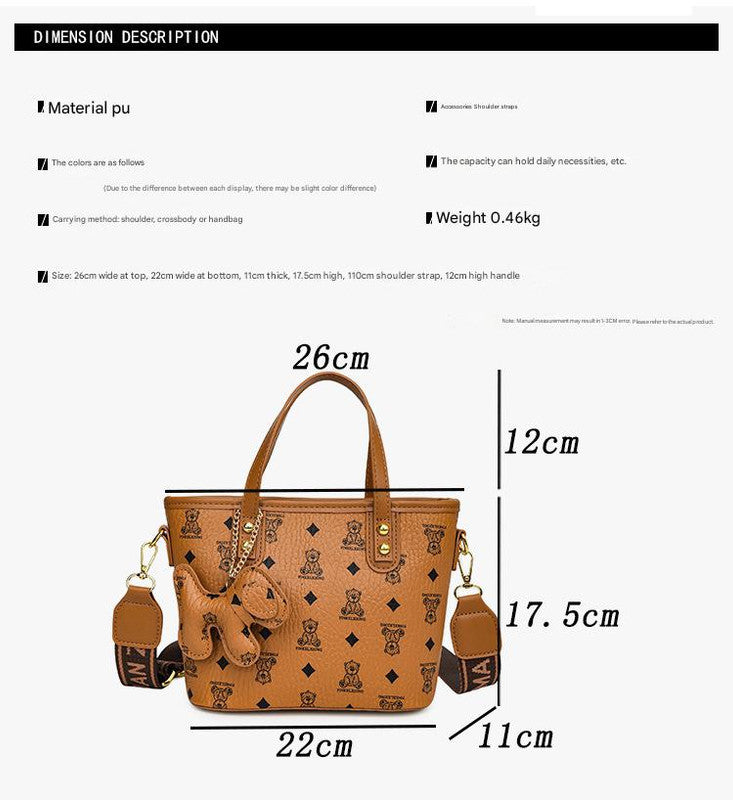Chic Print Tote Bag with Bear Charm - Versatile Handbag & Crossbody(black)