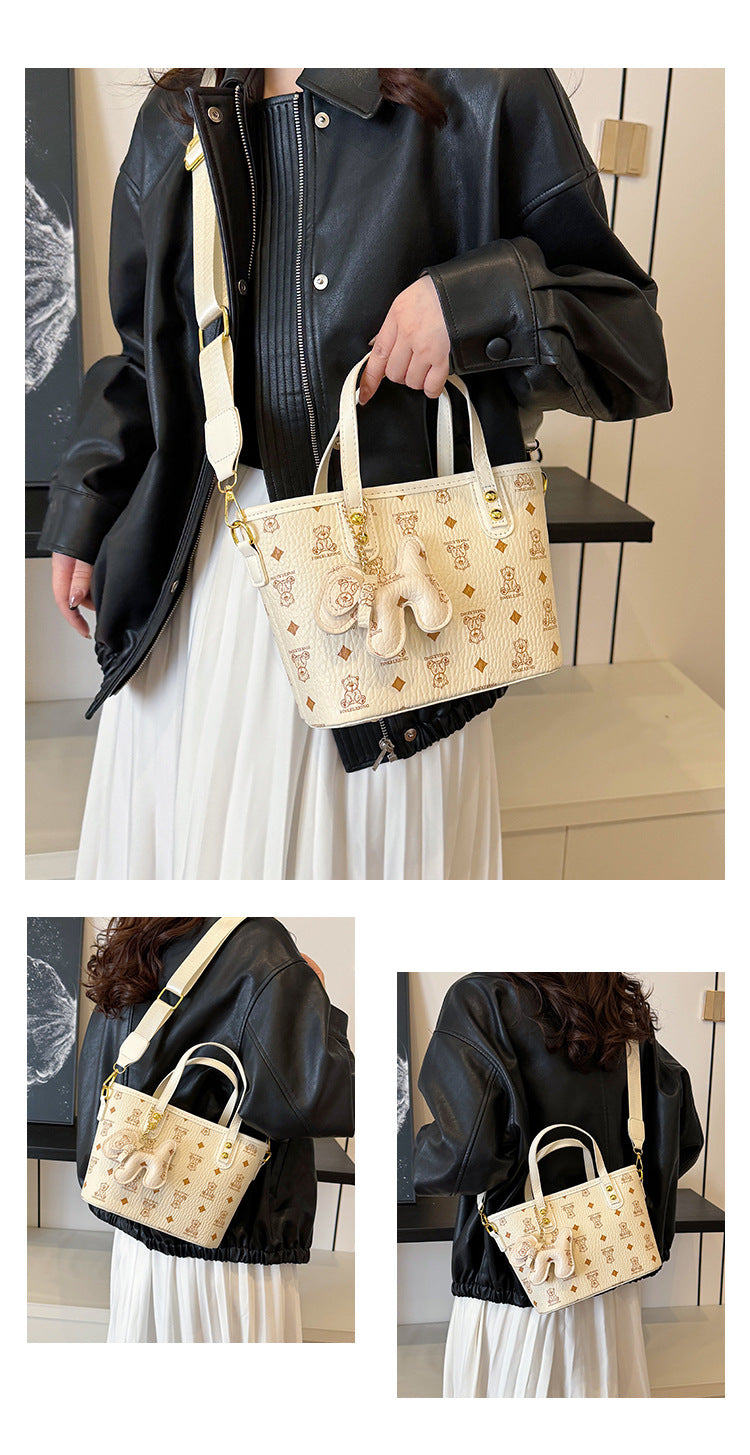 Chic Print Tote Bag with Bear Charm - Versatile Handbag & Crossbody(Beige)